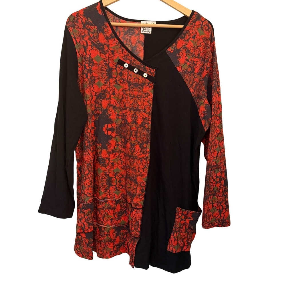 Parsley & Sage Tunic Top XL Red Black Colorblock Abstract Floral Excellent